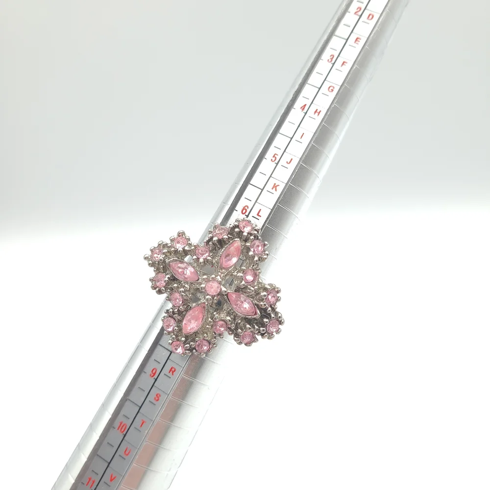 Pink Rhinestone Floral Cluster Ring Silver Tone Adjustable Statement - Picture 7 of 8